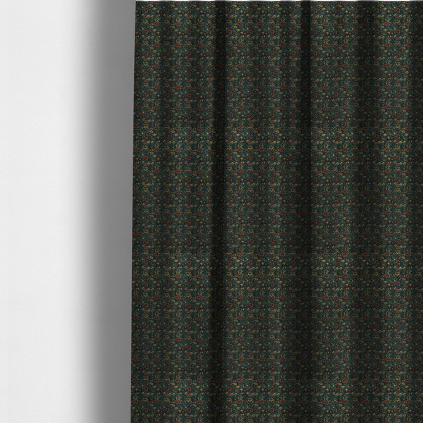 The fabric used to create these made-to-measure curtains is a dense, dark, vintage-style botanical repeating pattern featuring small rust-red and pale yellow flowers interwoven with detailed dark green leaves and foliage against a deep dark background.