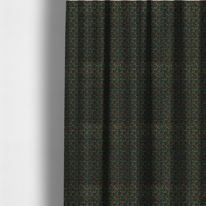 The fabric used to create these made-to-measure curtains is a dense, dark, vintage-style botanical repeating pattern featuring small rust-red and pale yellow flowers interwoven with detailed dark green leaves and foliage against a deep dark background.