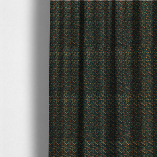The fabric used to create these made-to-measure curtains is a dense, dark, vintage-style botanical repeating pattern featuring small rust-red and pale yellow flowers interwoven with detailed dark green leaves and foliage against a deep dark background.