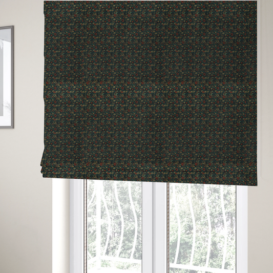 The fabric used to create these Roman blinds is a dense, dark, vintage-style botanical repeating pattern featuring small rust-red and pale yellow flowers interwoven with detailed dark green leaves and foliage against a deep dark background.
