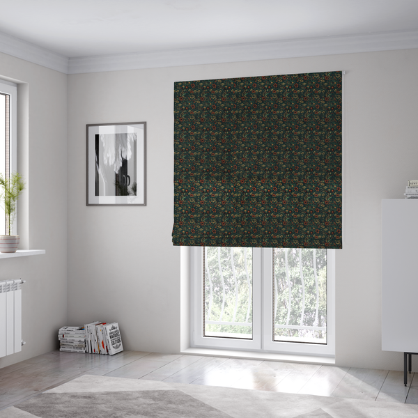 The fabric used to create these Roman blinds is a dense, dark, vintage-style botanical repeating pattern featuring small rust-red and pale yellow flowers interwoven with detailed dark green leaves and foliage against a deep dark background.
