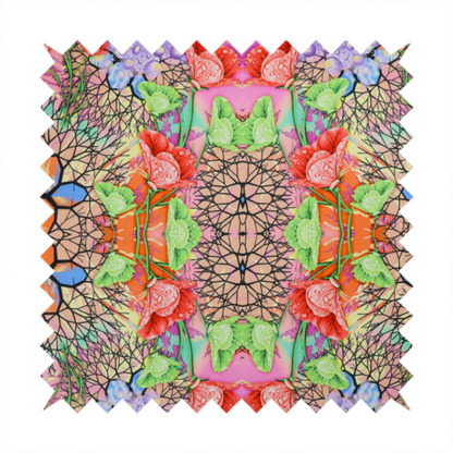 A vibrant, psychedelic, and symmetrical kaleidoscopic pattern featuring red poppies, green leaves, water droplets, and intricate black geometric and branching web-like motifs over a multi-coloured pastel and neon background.