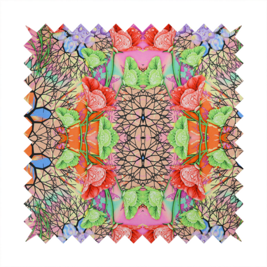 A vibrant, psychedelic, and symmetrical kaleidoscopic pattern featuring red poppies, green leaves, water droplets, and intricate black geometric and branching web-like motifs over a multi-coloured pastel and neon background.