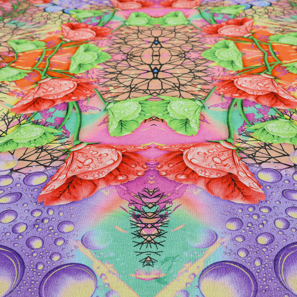 A vibrant, psychedelic, and symmetrical kaleidoscopic pattern featuring red poppies, green leaves, water droplets, and intricate black geometric and branching web-like motifs over a multi-coloured pastel and neon background.