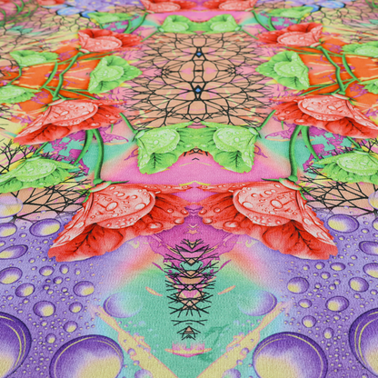 A vibrant, psychedelic, and symmetrical kaleidoscopic pattern featuring red poppies, green leaves, water droplets, and intricate black geometric and branching web-like motifs over a multi-coloured pastel and neon background.