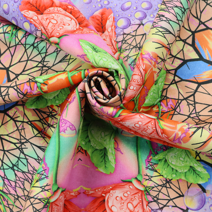 A vibrant, psychedelic, and symmetrical kaleidoscopic pattern featuring red poppies, green leaves, water droplets, and intricate black geometric and branching web-like motifs over a multi-coloured pastel and neon background.