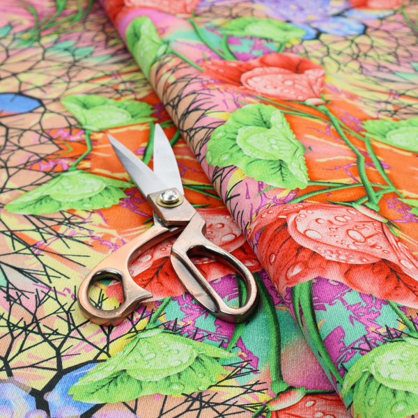 A vibrant, psychedelic, and symmetrical kaleidoscopic pattern featuring red poppies, green leaves, water droplets, and intricate black geometric and branching web-like motifs over a multi-coloured pastel and neon background.