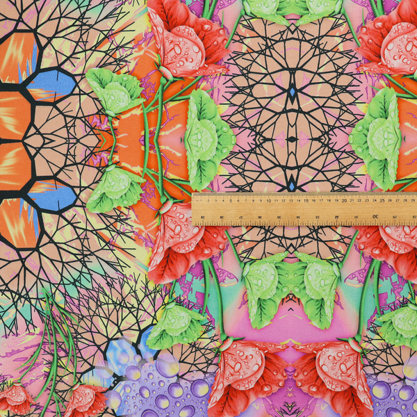 A vibrant, psychedelic, and symmetrical kaleidoscopic pattern featuring red poppies, green leaves, water droplets, and intricate black geometric and branching web-like motifs over a multi-coloured pastel and neon background.