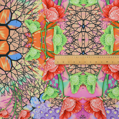 A vibrant, psychedelic, and symmetrical kaleidoscopic pattern featuring red poppies, green leaves, water droplets, and intricate black geometric and branching web-like motifs over a multi-coloured pastel and neon background.
