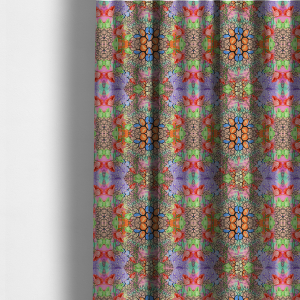 The fabric used to create these made-to-measure curtains is a vibrant, psychedelic, and symmetrical kaleidoscopic pattern featuring red poppies, green leaves, water droplets, and intricate black geometric and branching web-like motifs over a multi-coloured pastel and neon background.