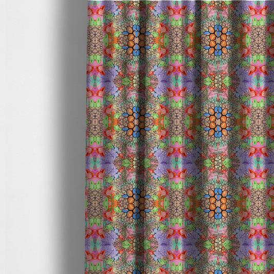 The fabric used to create these made-to-measure curtains is a vibrant, psychedelic, and symmetrical kaleidoscopic pattern featuring red poppies, green leaves, water droplets, and intricate black geometric and branching web-like motifs over a multi-coloured pastel and neon background.