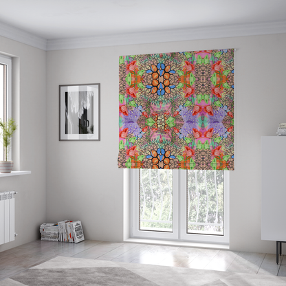The fabric used to create these Roman blinds is a vibrant, psychedelic, and symmetrical kaleidoscopic pattern featuring red poppies, green leaves, water droplets, and intricate black geometric and branching web-like motifs over a multi-coloured pastel and neon background.