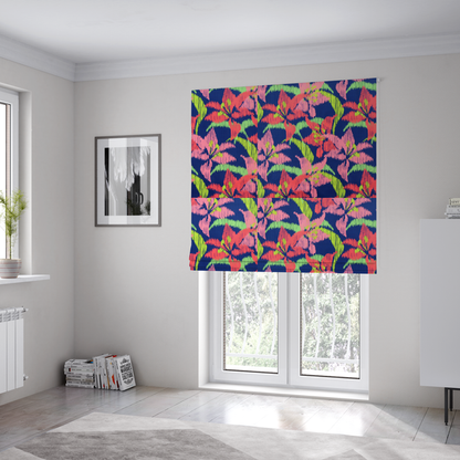 The fabric used to create these Roman blinds is a vibrant fabric pattern featuring large coral and light pink lily flowers with bright lime green leaves against a solid royal blue background.