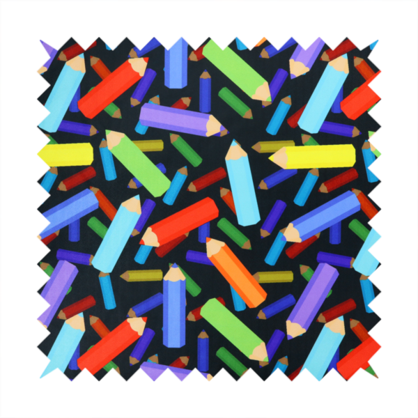 A black fabric featuring a playful, repeating pattern of coloured pencils in various shades including red, yellow, light blue, green, purple, and orange scattered diagonally across the background.