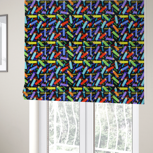 The fabric used to create these Roman blinds is a black fabric featuring a playful, repeating pattern of coloured pencils in various shades including red, yellow, light blue, green, purple, and orange scattered diagonally across the background.