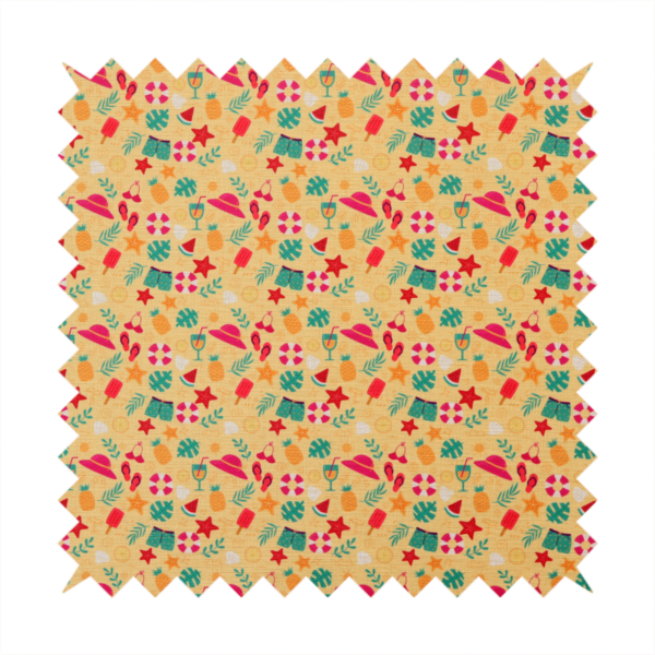Yellow summer-themed fabric featuring a repeating pattern of tropical icons including pineapples, swim trunks, sun hats, cocktails, starfish, ice cream bars, flip-flops, palm leaves, and life rings.