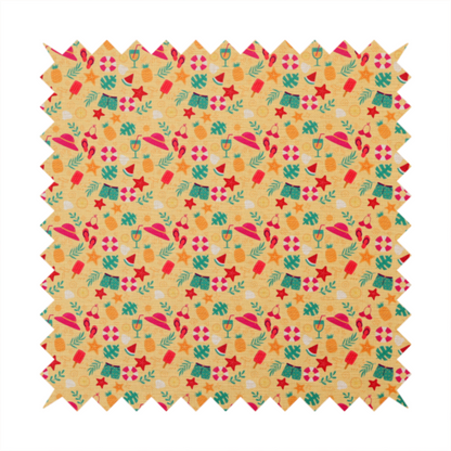 Yellow summer-themed fabric featuring a repeating pattern of tropical icons including pineapples, swim trunks, sun hats, cocktails, starfish, ice cream bars, flip-flops, palm leaves, and life rings.