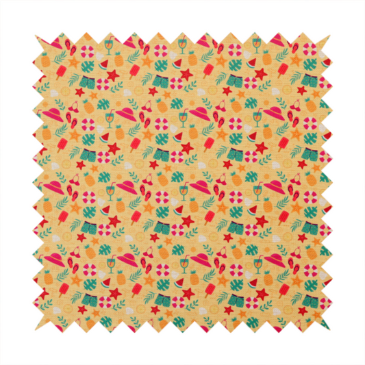 Yellow summer-themed fabric featuring a repeating pattern of tropical icons including pineapples, swim trunks, sun hats, cocktails, starfish, ice cream bars, flip-flops, palm leaves, and life rings.