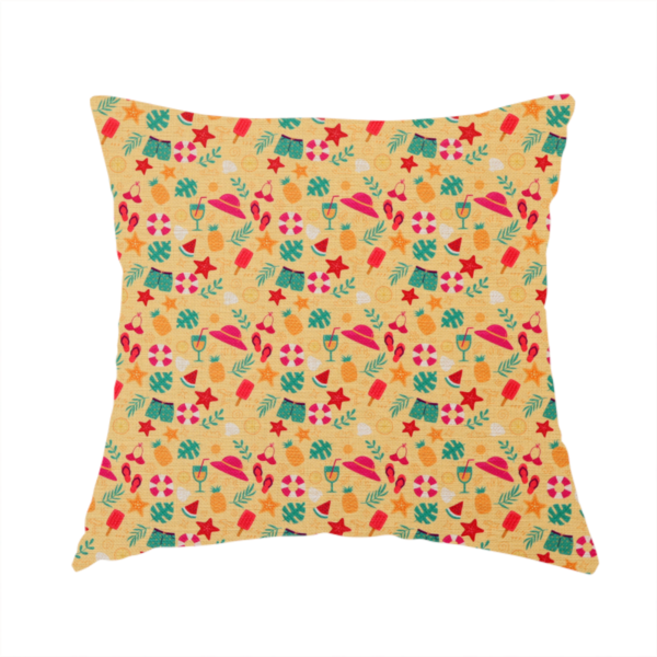 The fabric used to create this handmade cushion is a yellow summer-themed fabric featuring a repeating pattern of tropical icons including pineapples, swim trunks, sun hats, cocktails, starfish, ice cream bars, flip-flops, palm leaves, and life rings.
