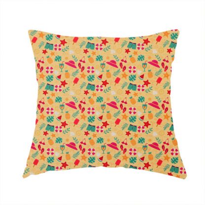 The fabric used to create this handmade cushion is a yellow summer-themed fabric featuring a repeating pattern of tropical icons including pineapples, swim trunks, sun hats, cocktails, starfish, ice cream bars, flip-flops, palm leaves, and life rings.