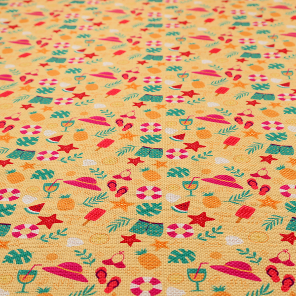 Yellow summer-themed fabric featuring a repeating pattern of tropical icons including pineapples, swim trunks, sun hats, cocktails, starfish, ice cream bars, flip-flops, palm leaves, and life rings.