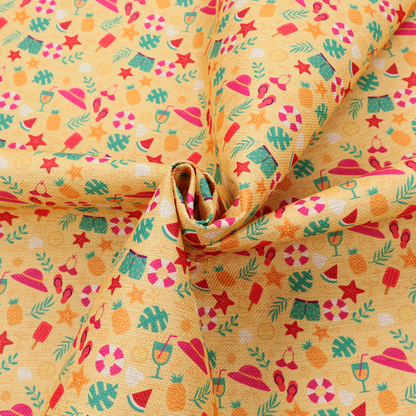 Yellow summer-themed fabric featuring a repeating pattern of tropical icons including pineapples, swim trunks, sun hats, cocktails, starfish, ice cream bars, flip-flops, palm leaves, and life rings.