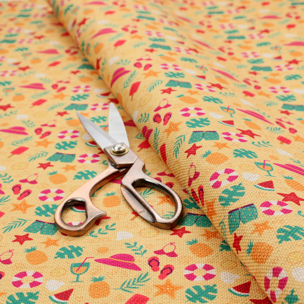 Yellow summer-themed fabric featuring a repeating pattern of tropical icons including pineapples, swim trunks, sun hats, cocktails, starfish, ice cream bars, flip-flops, palm leaves, and life rings.