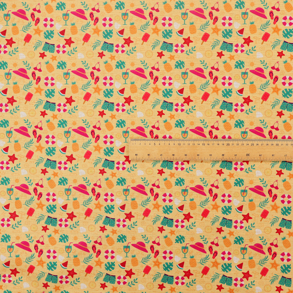 Yellow summer-themed fabric featuring a repeating pattern of tropical icons including pineapples, swim trunks, sun hats, cocktails, starfish, ice cream bars, flip-flops, palm leaves, and life rings.