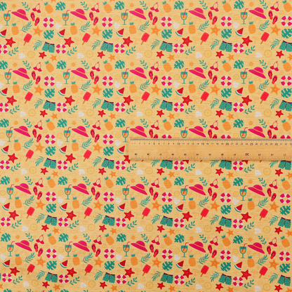 Yellow summer-themed fabric featuring a repeating pattern of tropical icons including pineapples, swim trunks, sun hats, cocktails, starfish, ice cream bars, flip-flops, palm leaves, and life rings.