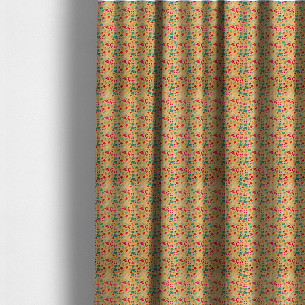 The fabric used to create these made-to-measure curtains is a yellow summer-themed fabric featuring a repeating pattern of tropical icons including pineapples, swim trunks, sun hats, cocktails, starfish, ice cream bars, flip-flops, palm leaves, and life rings.