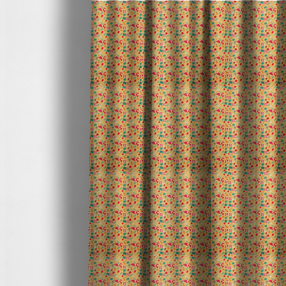 The fabric used to create these made-to-measure curtains is a yellow summer-themed fabric featuring a repeating pattern of tropical icons including pineapples, swim trunks, sun hats, cocktails, starfish, ice cream bars, flip-flops, palm leaves, and life rings.