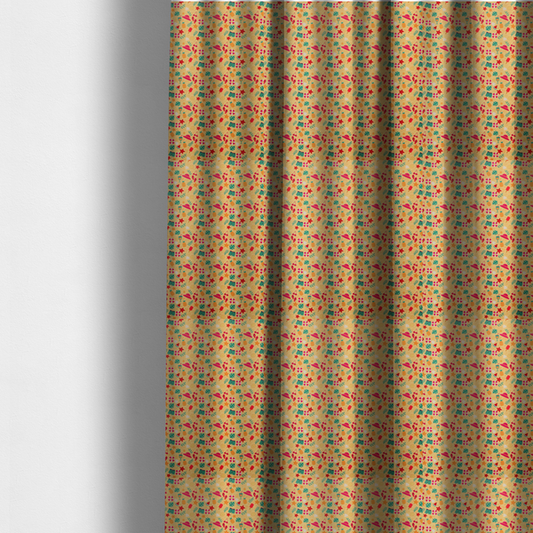 The fabric used to create these made-to-measure curtains is a yellow summer-themed fabric featuring a repeating pattern of tropical icons including pineapples, swim trunks, sun hats, cocktails, starfish, ice cream bars, flip-flops, palm leaves, and life rings.