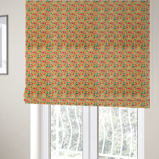 The fabric used to create these roman blinds is a yellow summer-themed fabric featuring a repeating pattern of tropical icons including pineapples, swim trunks, sun hats, cocktails, starfish, ice cream bars, flip-flops, palm leaves, and life rings.