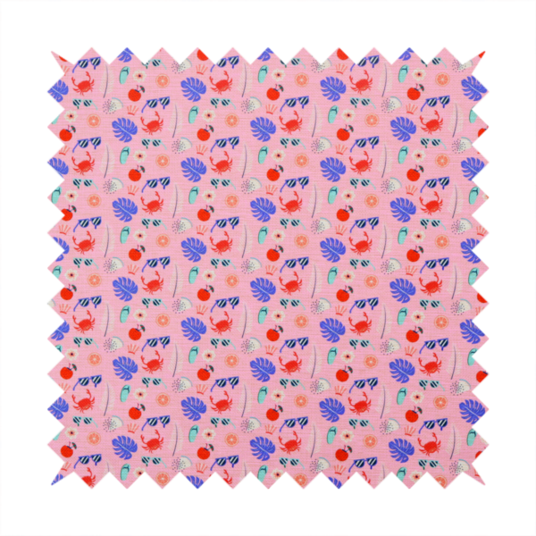Pink summer-themed fabric featuring a repeating pattern of tropical icons including crabs, sunglasses, cherries, flip-flops, palm leaves, citrus slices, and flowers.