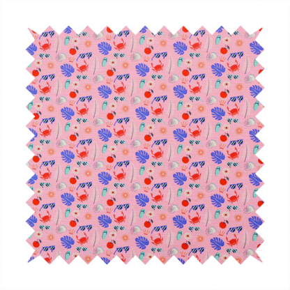 Pink summer-themed fabric featuring a repeating pattern of tropical icons including crabs, sunglasses, cherries, flip-flops, palm leaves, citrus slices, and flowers.