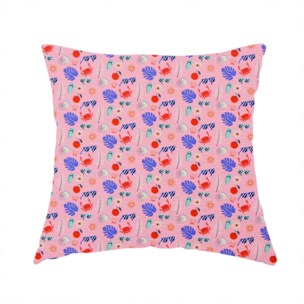 The fabric used to create this handmade cushion is a ink summer-themed fabric featuring a repeating pattern of tropical icons including crabs, sunglasses, cherries, flip-flops, palm leaves, citrus slices, and flowers.
