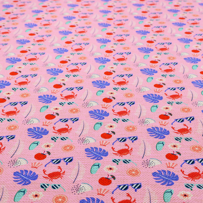 Pink summer-themed fabric featuring a repeating pattern of tropical icons including crabs, sunglasses, cherries, flip-flops, palm leaves, citrus slices, and flowers.