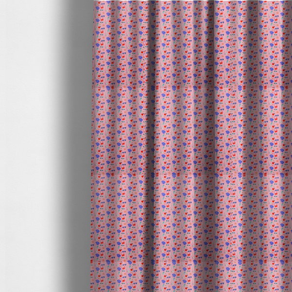 The fabric used to create these made-to-measure curtains is a pink summer-themed fabric featuring a repeating pattern of tropical icons including crabs, sunglasses, cherries, flip-flops, palm leaves, citrus slices, and flowers.
