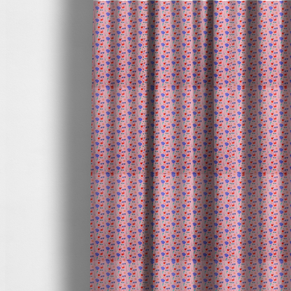 The fabric used to create these made-to-measure curtains is a pink summer-themed fabric featuring a repeating pattern of tropical icons including crabs, sunglasses, cherries, flip-flops, palm leaves, citrus slices, and flowers.