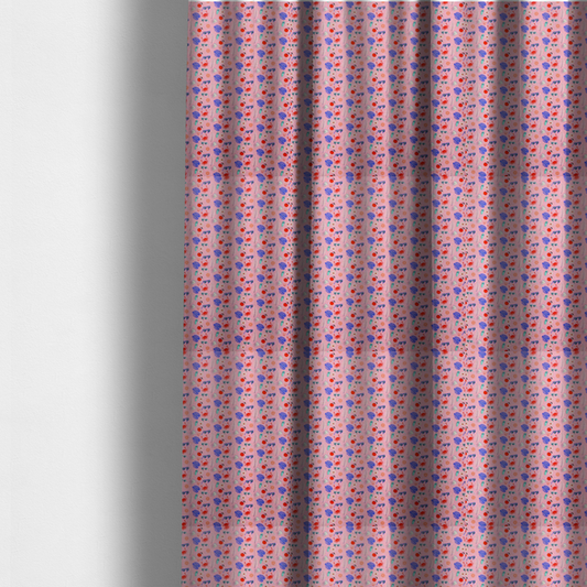 The fabric used to create these made-to-measure curtains is a pink summer-themed fabric featuring a repeating pattern of tropical icons including crabs, sunglasses, cherries, flip-flops, palm leaves, citrus slices, and flowers.
