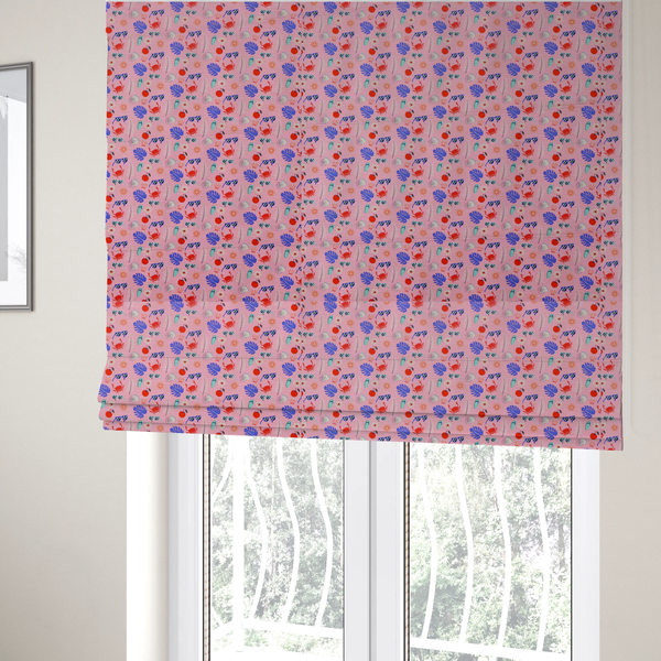 The fabric used to create these Roman blinds is a pink summer-themed fabric featuring a repeating pattern of tropical icons including crabs, sunglasses, cherries, flip-flops, palm leaves, citrus slices, and flowers.