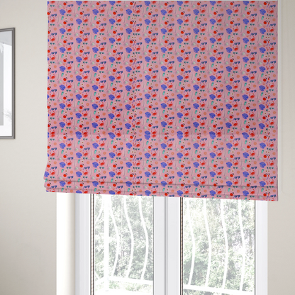 The fabric used to create these Roman blinds is a pink summer-themed fabric featuring a repeating pattern of tropical icons including crabs, sunglasses, cherries, flip-flops, palm leaves, citrus slices, and flowers.