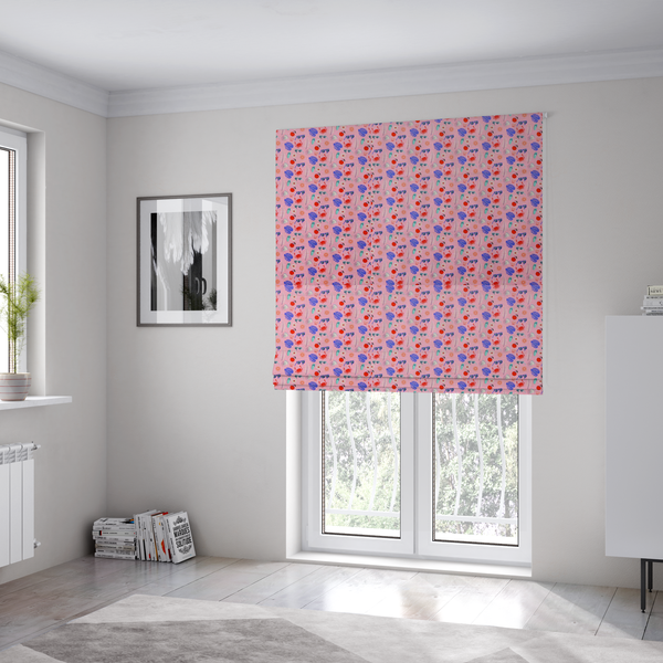 The fabric used to create these Roman blinds is a pink summer-themed fabric featuring a repeating pattern of tropical icons including crabs, sunglasses, cherries, flip-flops, palm leaves, citrus slices, and flowers.