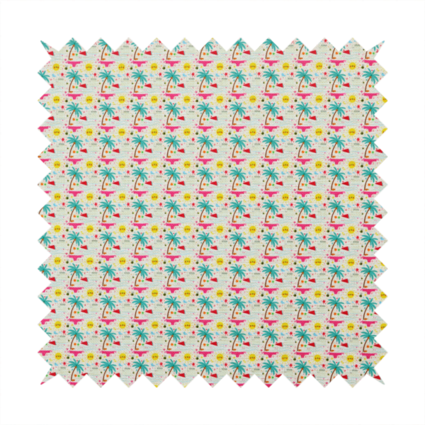 Light background summer-themed fabric featuring a repeating pattern of tropical icons including palm trees, suns, swim trunks, and abstract shapes.