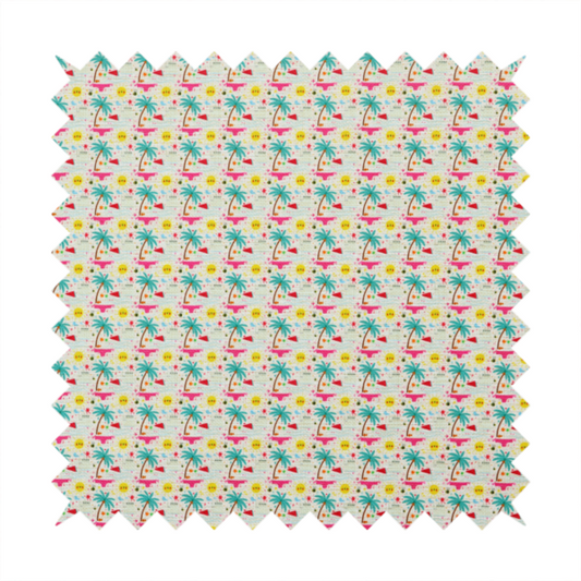 Light background summer-themed fabric featuring a repeating pattern of tropical icons including palm trees, suns, swim trunks, and abstract shapes.