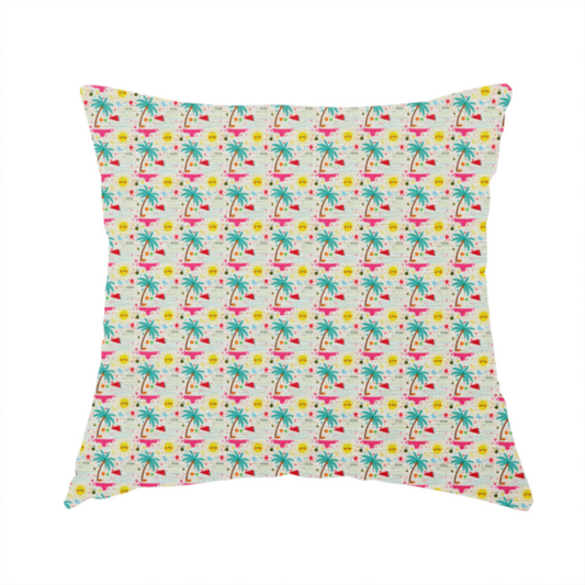 The fabric used to create this handmade cushion is a light background summer-themed fabric featuring a repeating pattern of tropical icons including palm trees, suns, swim trunks, and abstract shapes.