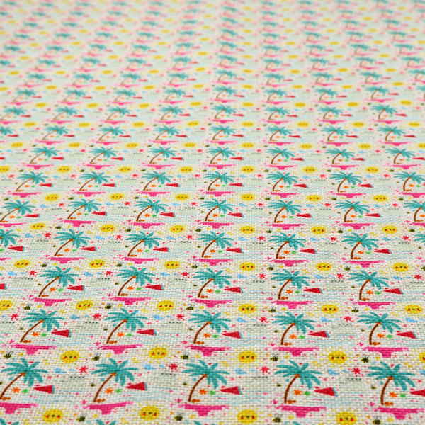 Light background summer-themed fabric featuring a repeating pattern of tropical icons including palm trees, suns, swim trunks, and abstract shapes.