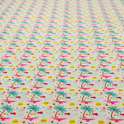 Light background summer-themed fabric featuring a repeating pattern of tropical icons including palm trees, suns, swim trunks, and abstract shapes.