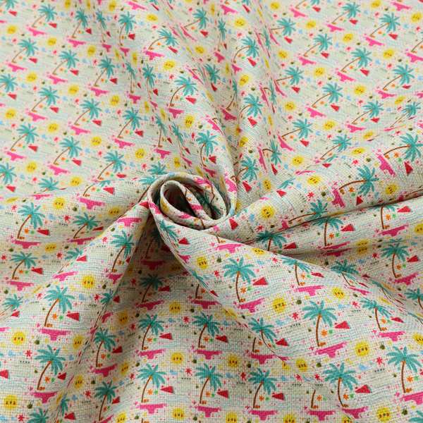 Light background summer-themed fabric featuring a repeating pattern of tropical icons including palm trees, suns, swim trunks, and abstract shapes.