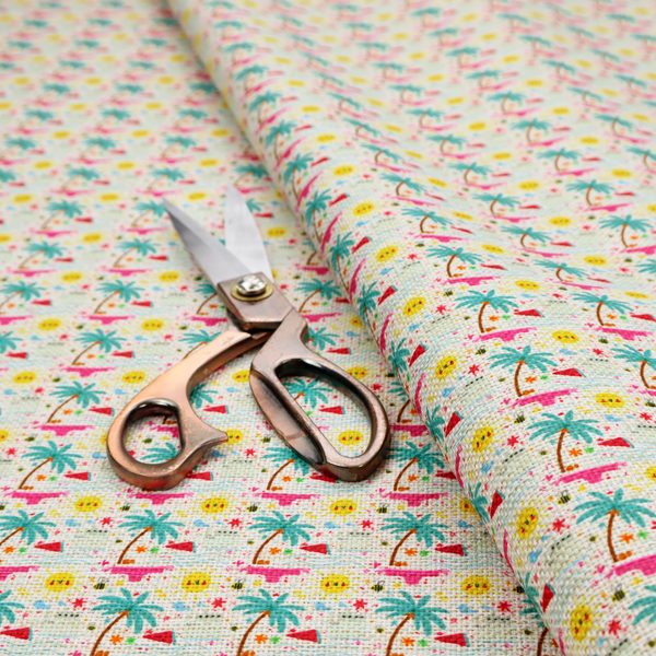 Light background summer-themed fabric featuring a repeating pattern of tropical icons including palm trees, suns, swim trunks, and abstract shapes.